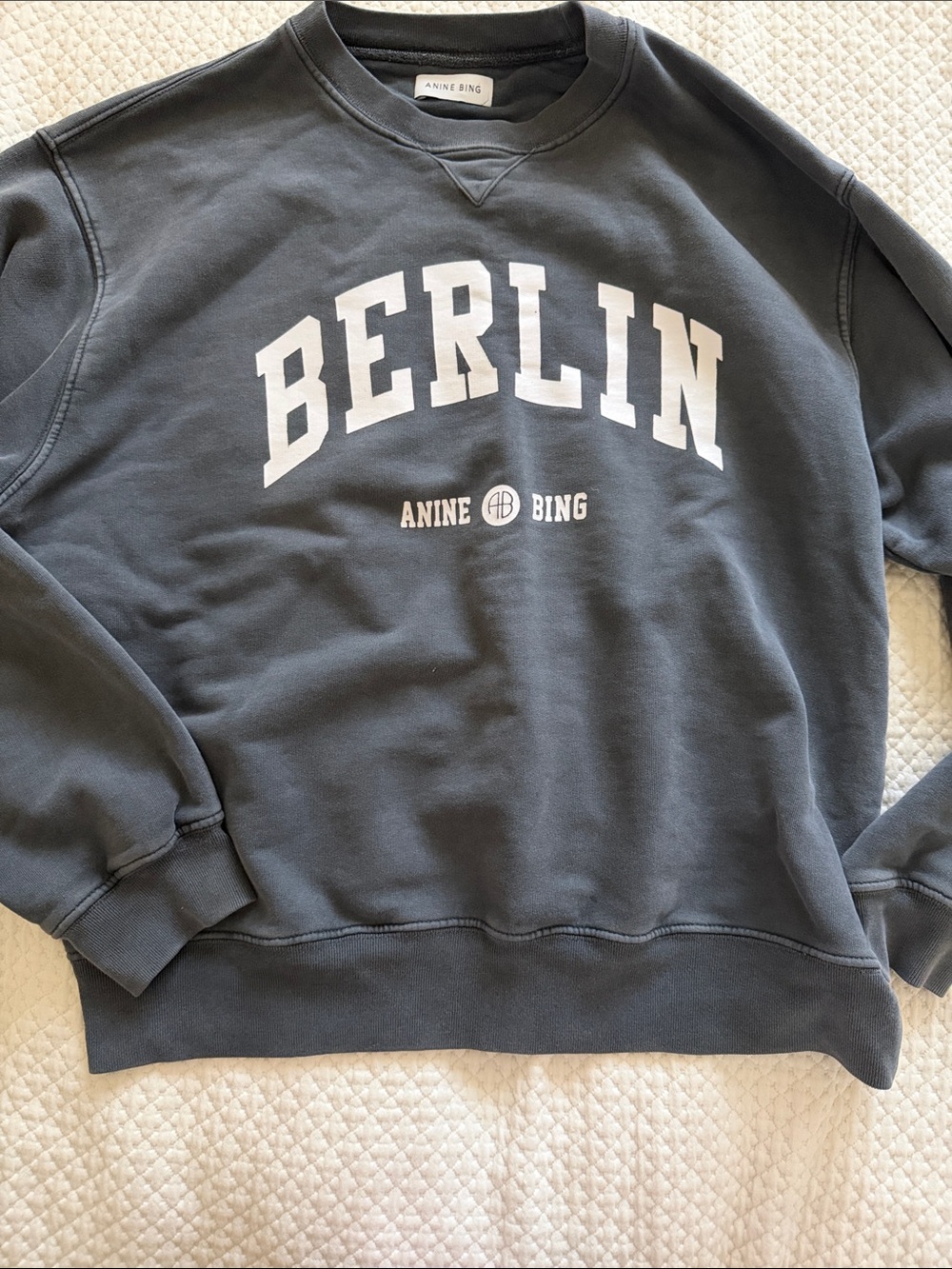 Anine Bing Berlin Crewneck Sweatshirt - Charcoal Gray with White Print